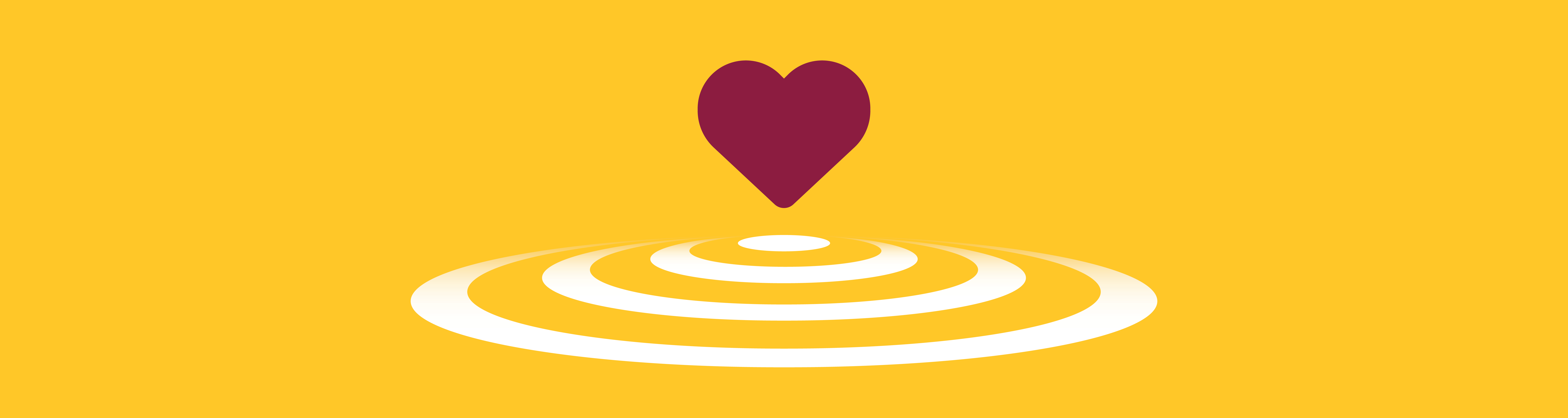 Gold banner with maroon heart floating above white circular waves indicating ripples in water.